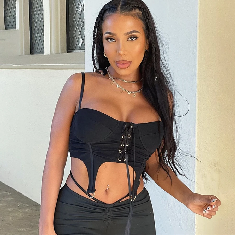 Nibber K21L03975 Plain Sexy Nightclub Corset Crop Top 2021 New Arrivels  Bandage Top Tank Top Women Summer Clothing