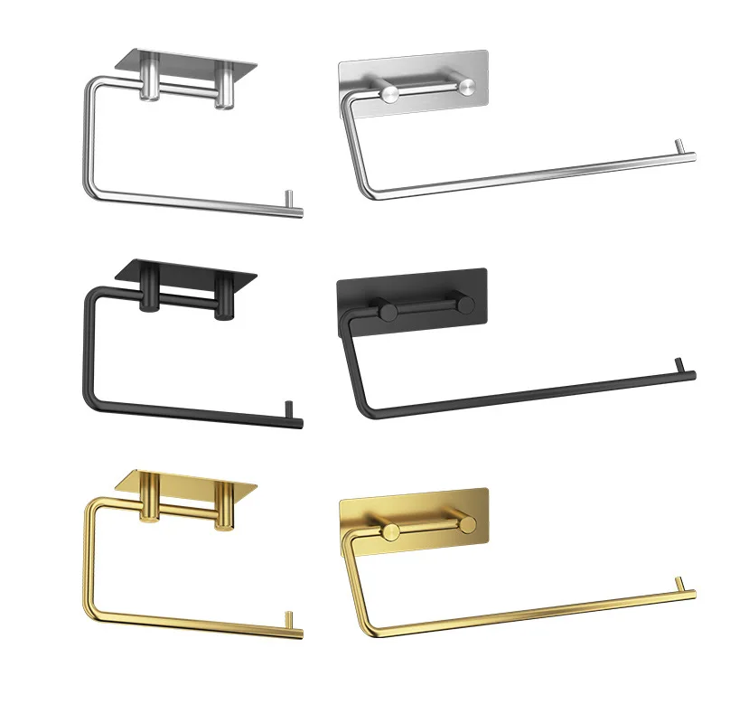 Matte Black Half Open Bathroom Long No Drilling Adhesive Kitchen Storage Toilet Paper Holder Spare Roll Holder
