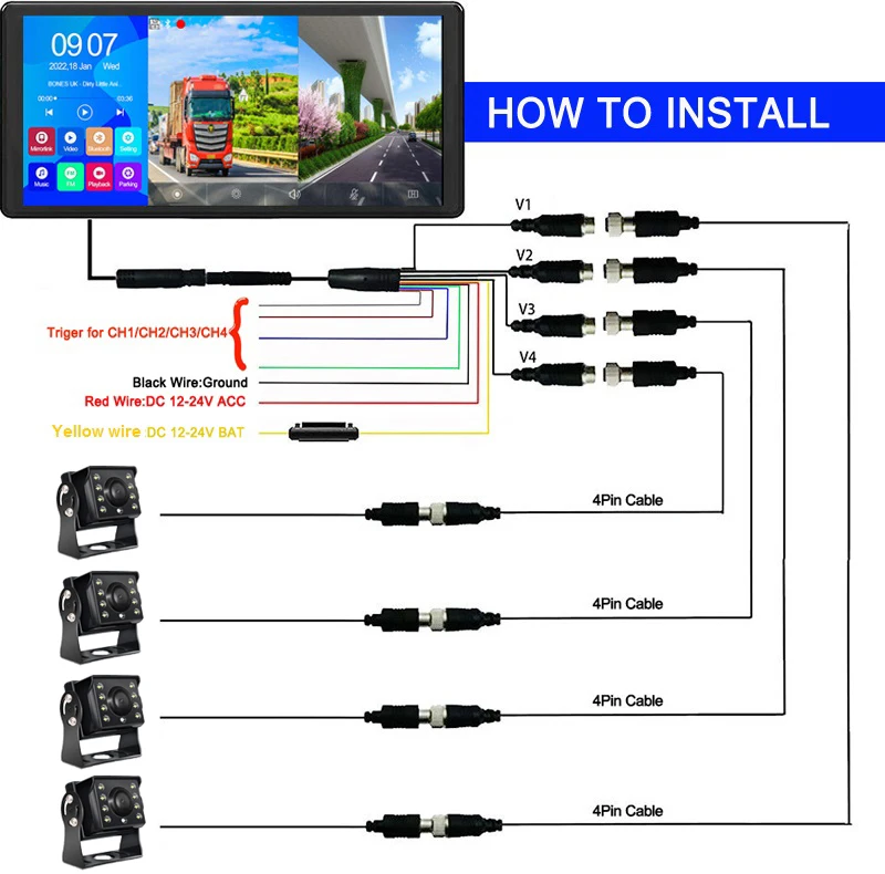 9V-36V 4K Сенсорный экран 4 Канал DVR Реверсивная система видеомонитора автомобиля автобуса грузовика помощи заднего хода