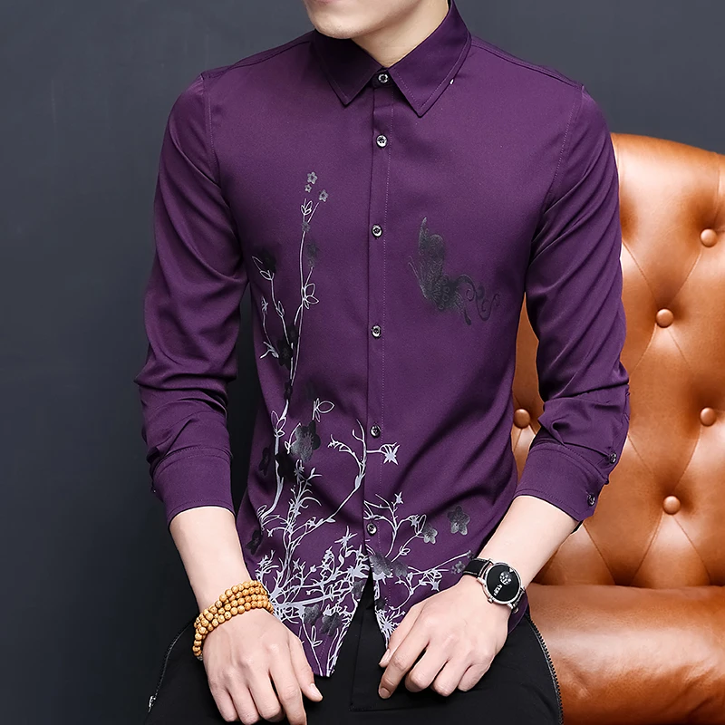 
Business Shirt Fashion Printing Shirt M-4XL Black Blue Purple White All-Match Flower Shirt 