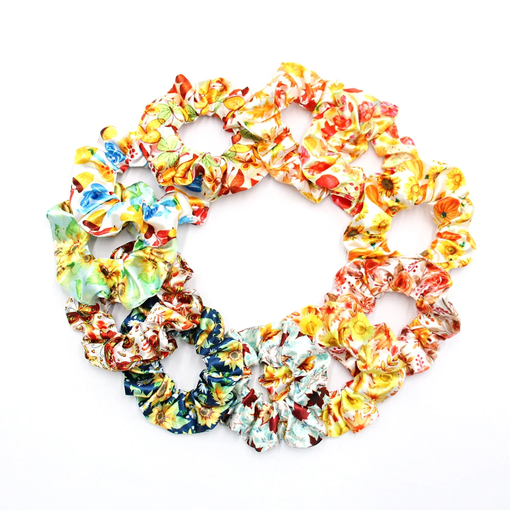 Custom Printed Silk Satin Elastic Hair Ties Multi Color Scrunchies