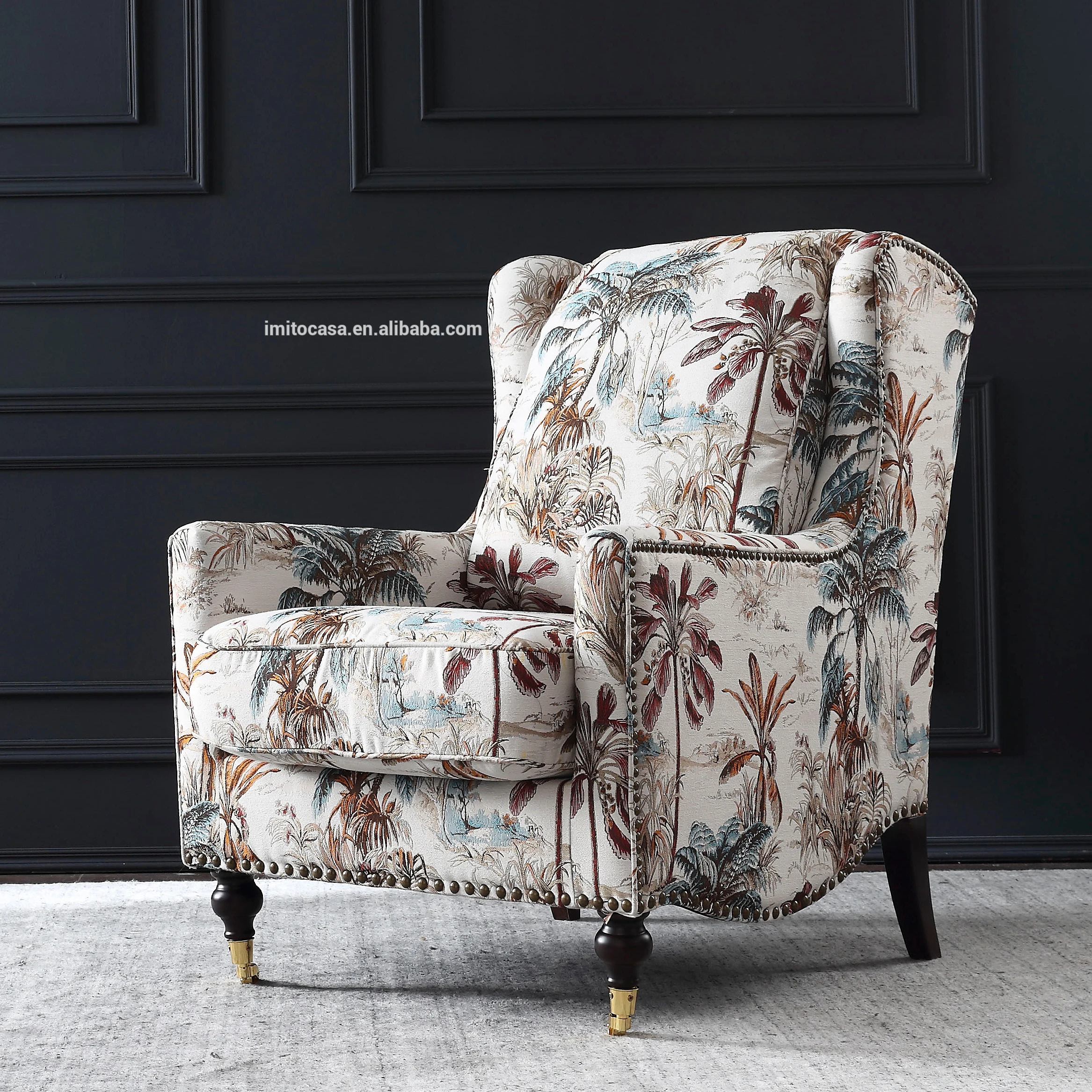 
New Design Retro American Living Room Floral Fabric Leisure Sofa Chair Elegant Upholstered Accent Chair Comfortable Single Sofa 