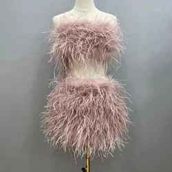 Fashion Sexy Crop Fur Top Feather Skirt Set Solid Color Ostrich Feather Fur Two Piece Set Women