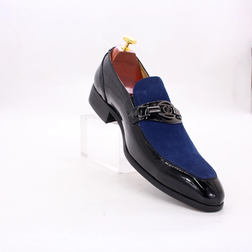 New Model Black Patent Leather Loafers Blue Nubuck Leather Patchwork Men Casual Shoes