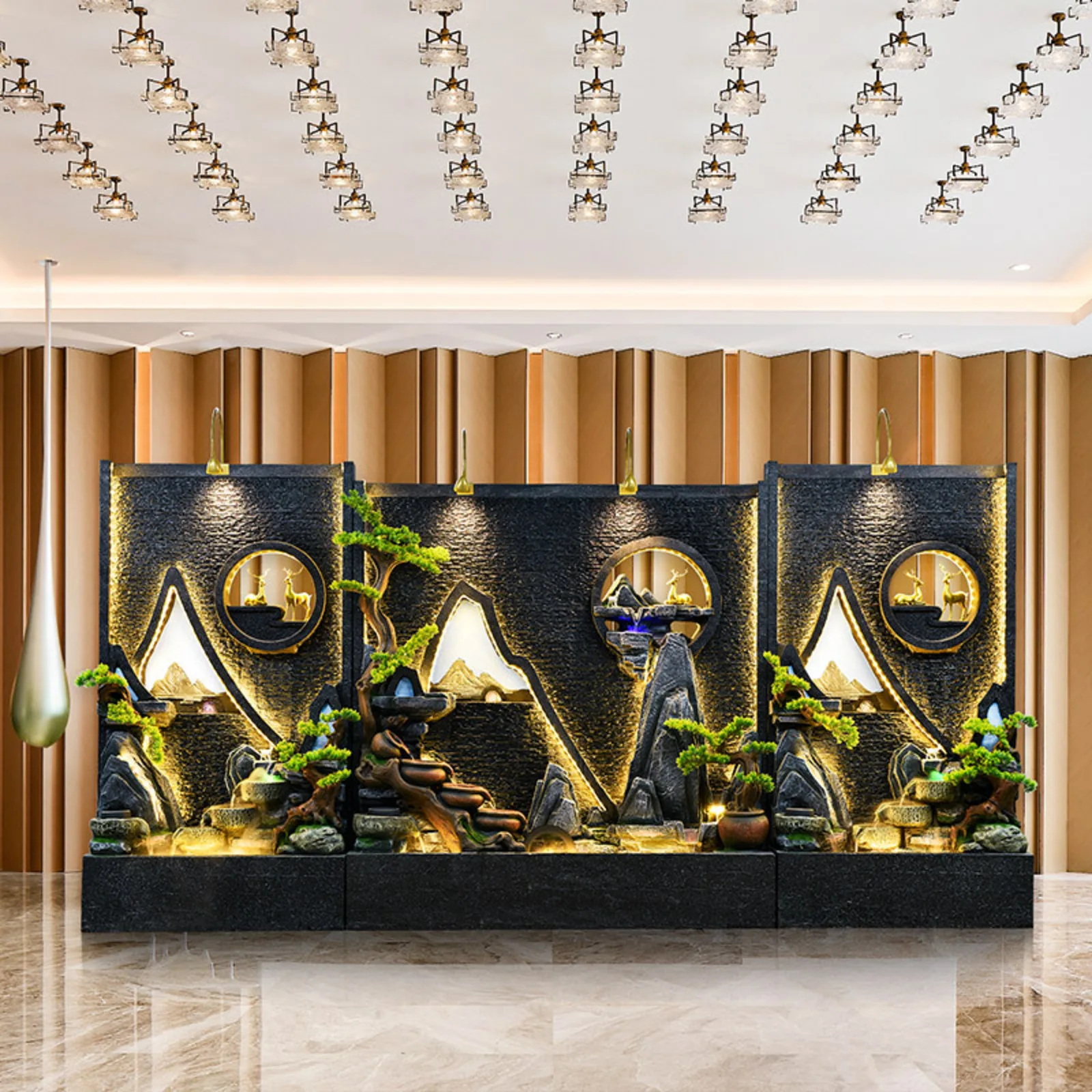 CHENYISHI Elegant Large Standing Water Fountain with LED Lights Deer Sculpture Natural Bonsai Design Zen-Inspired Decor