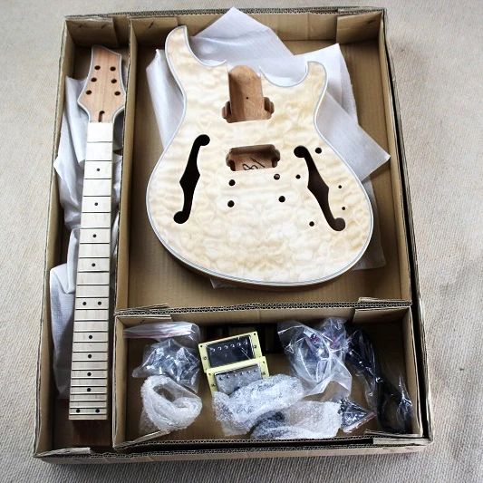 Flyoung Cheap Price Semi-finished Electric Guitar Kits DIY Guitar Semi-hollow Body with Hardwares