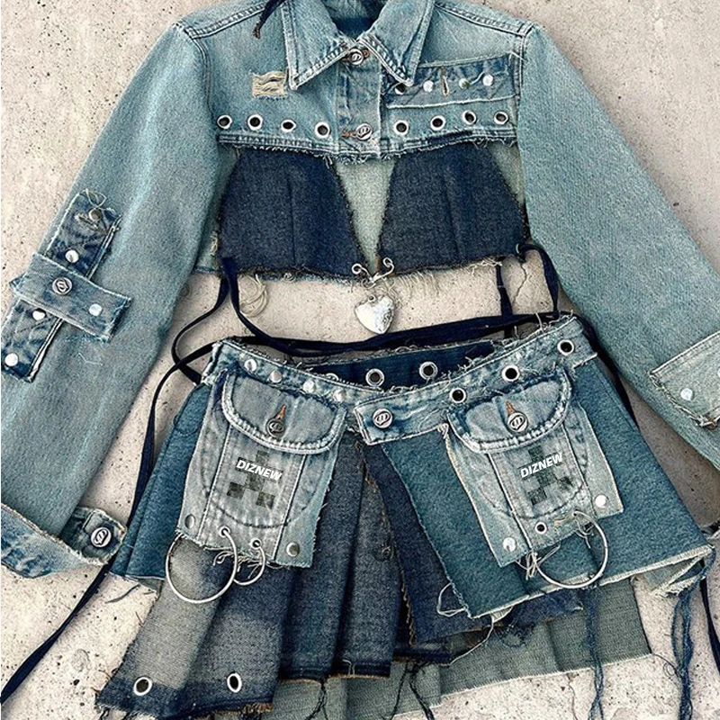 DIZNEW Custom designer fashion sexy denim skirt women y2k short denim top and denim skirt 2 piece set for women