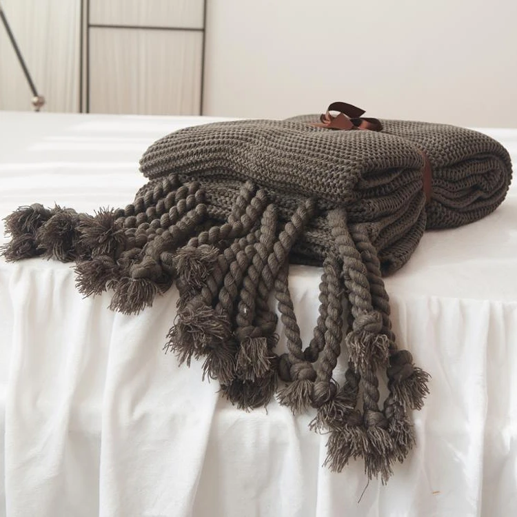 faux cashmere Knitted Throw Blanket With Tassle--micro Polyester chunky crochet throw