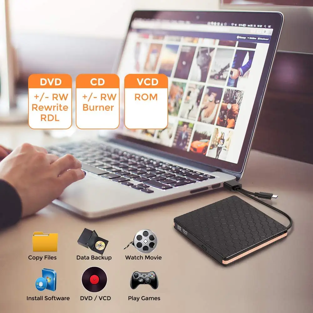 
Raycue External DVD CD Player CD-RW Burner and Reader with USB 3.0 and Type C 