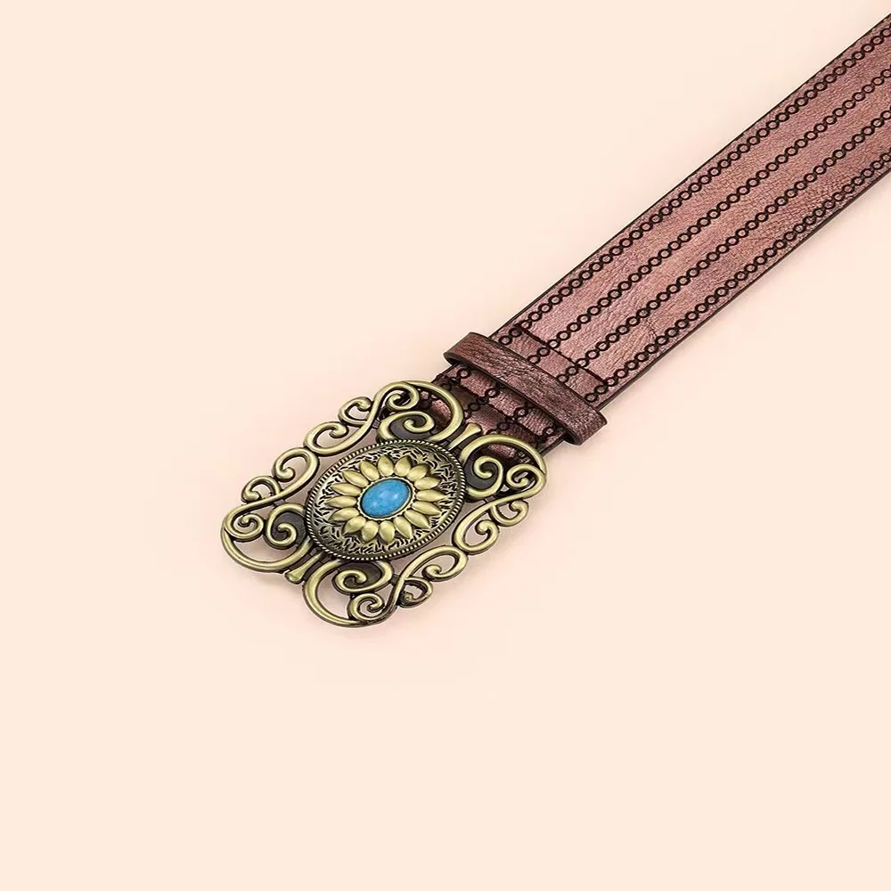 Fashion turquoise bronze  print alloy  buckle belt ethnic brown belt for ladies dress