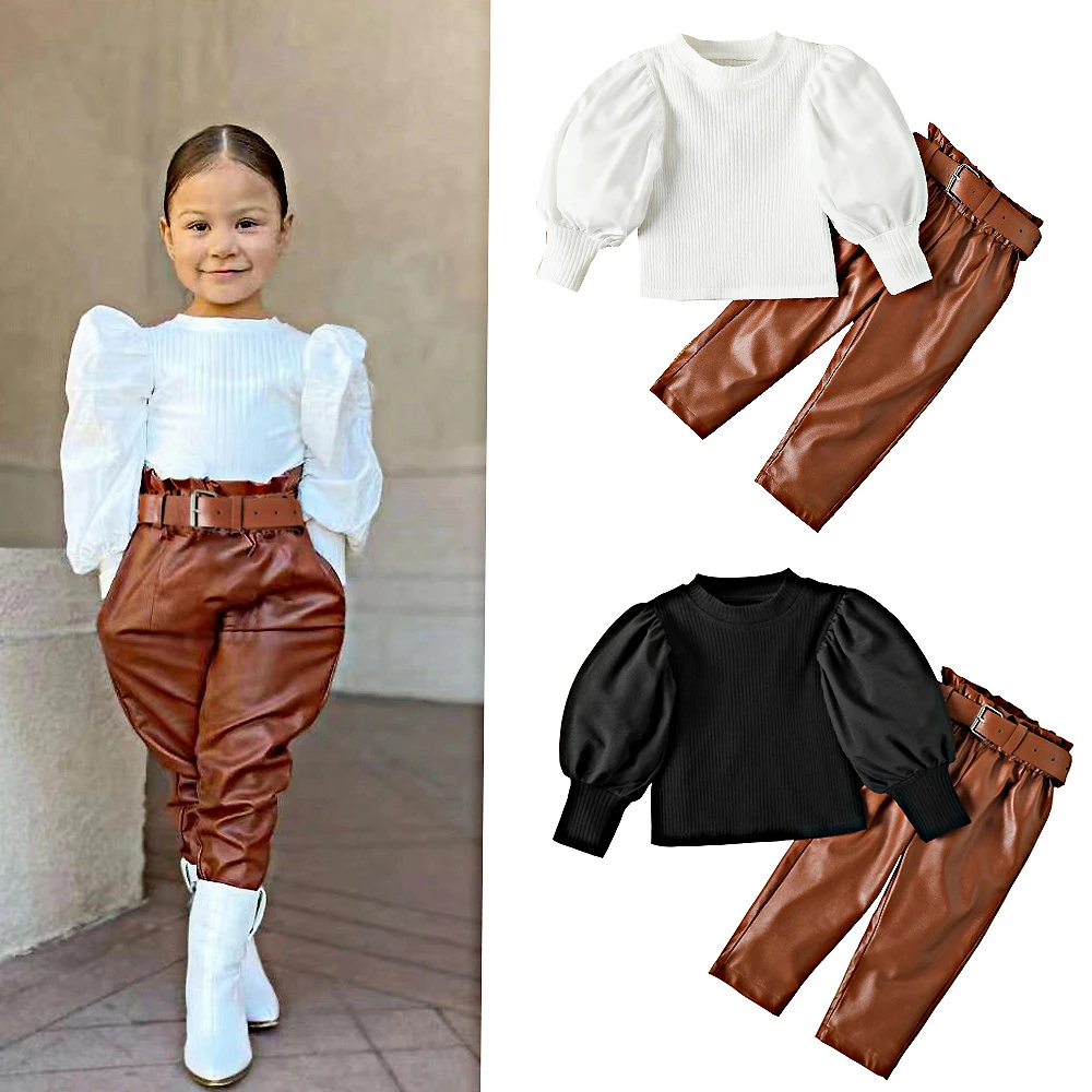 2024 Spring Luxury Puff Sleeves Shirt PU Leather Pants + Belt Kids Girls Clothing Sets 3pcs Toddler Baby Girl Clothes Outfit