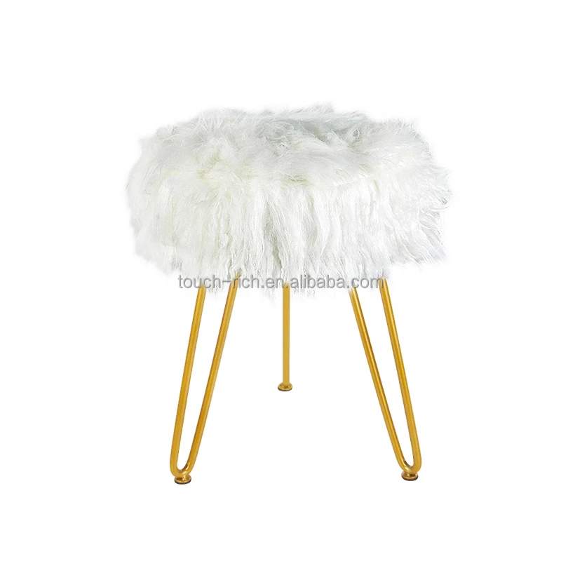 Faux fur stool with metal  legs ottoman round stool bedroom makeup Stool Ottoman