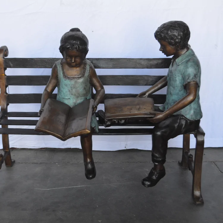 Best Quality Bronze Two Kids Sitting on Bench Statue