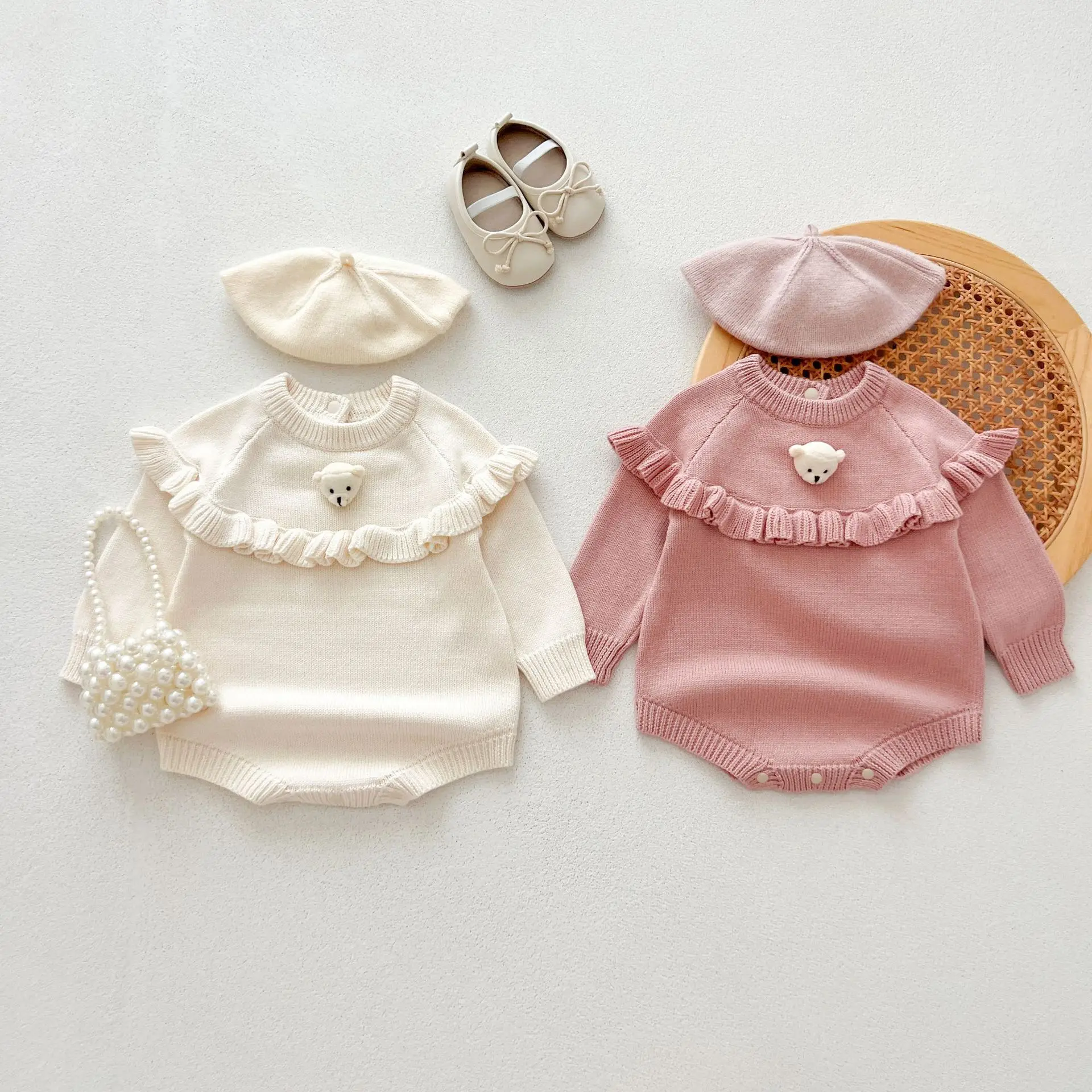 Baby clothing Korean version of cotton knitted sweater Princess three-dimensional little bear wrap butt suit jumpsuits