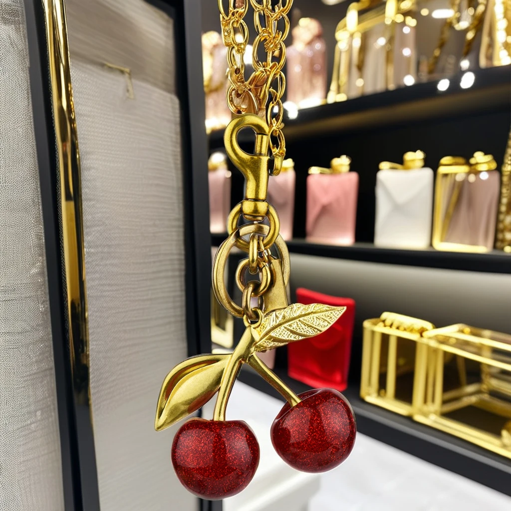 Cute Gold Cherry 3D Plastic Keychain 3D Alloy Carabiner Keyring Bag Charms for Women and Girls