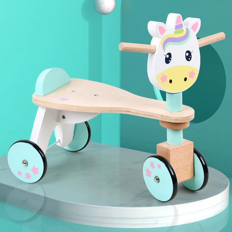 Wooden four-wheel sliding walker children baby cartoon stroller early education educational toddler toy cute deer birthday gift