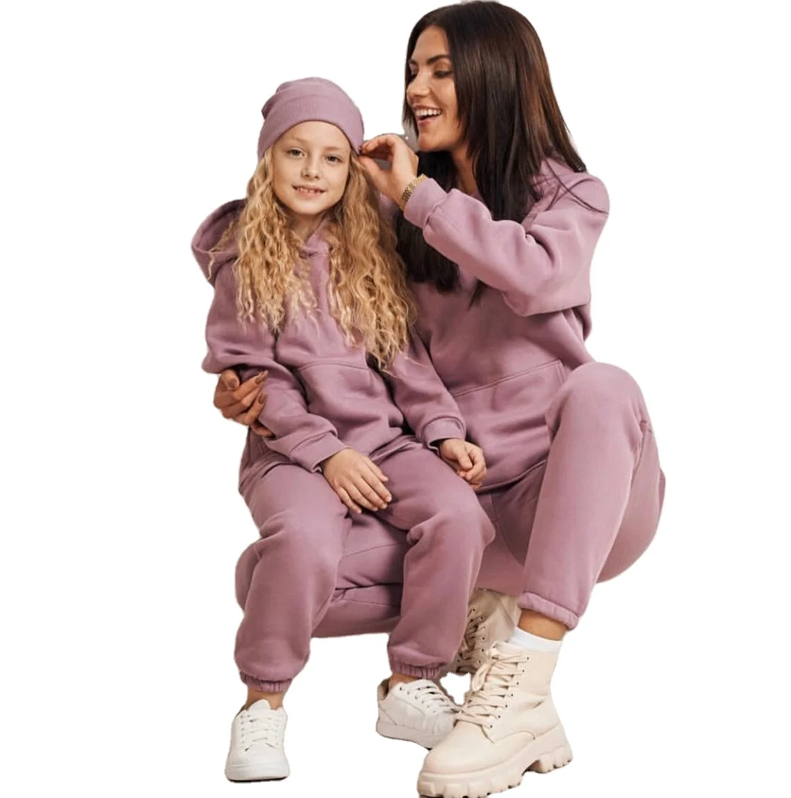Custom Fitness Sports Women Hoodie 2 Piece Set Cotton Plain Joggers Oversize Cotton Fleece Family Matching Clothing