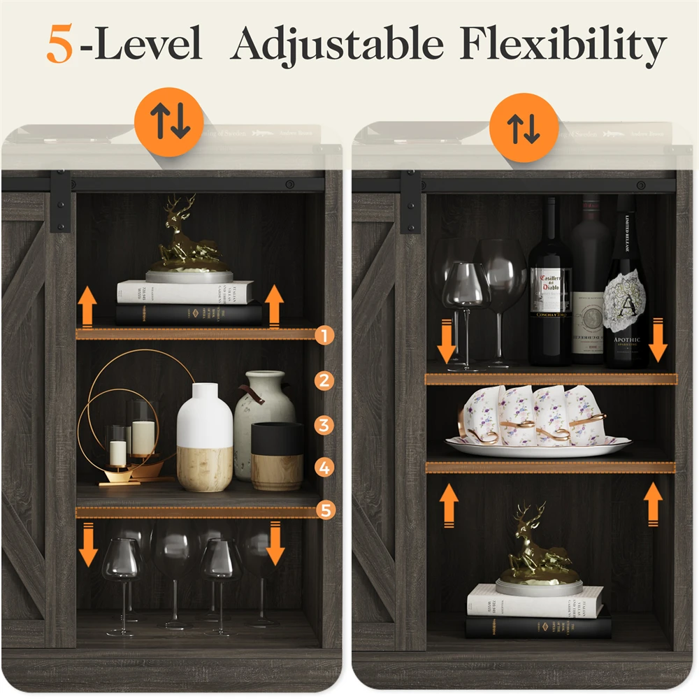 Tall Grey Wood Wine Corner Coffee Bar Cabinet With Storage Barn Door Shelves Adjustable Living Room