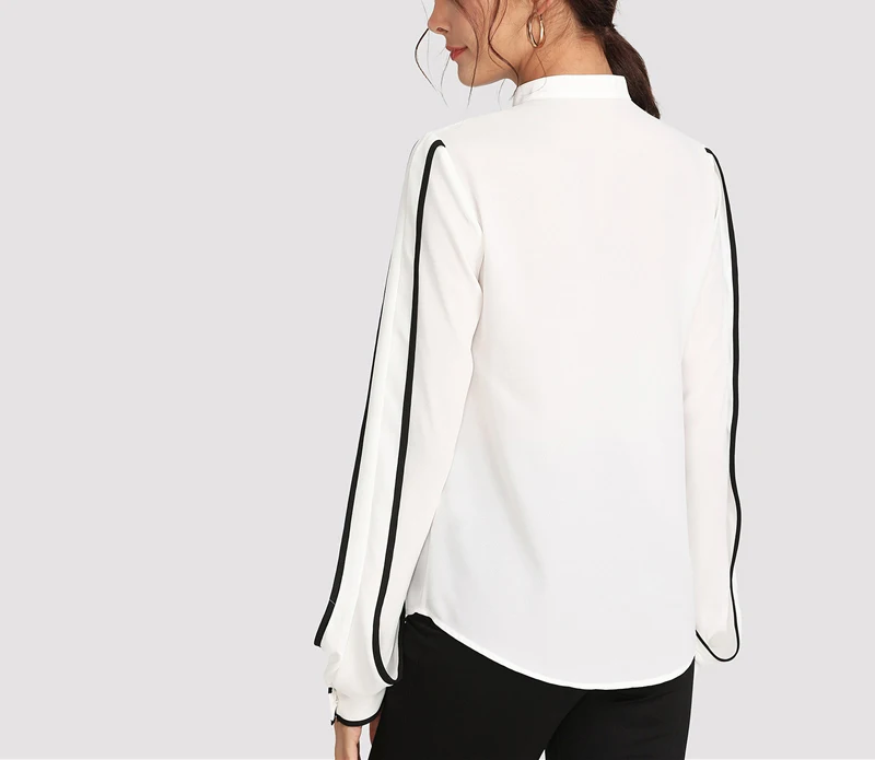 White Elegant Women Blouse Stand Collar Long Sleeve Shirts  Autumn Workwear Shirt Top