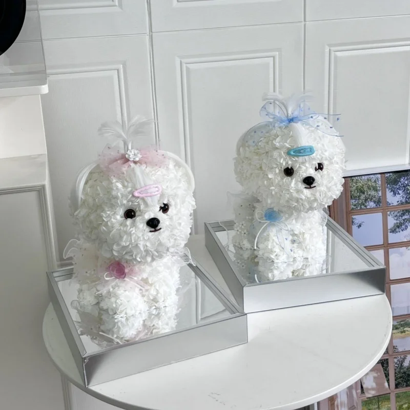 Holiday Valentine Gifts Handmade Preserved Eternal Hydrangea Fresh Flower Teddy Dog Acrylic Ornament Maltese Puppy In Gift Box