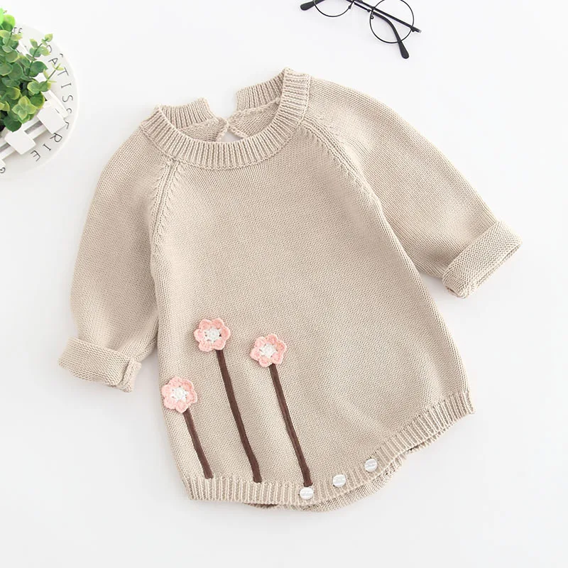 New Baby Girls Clothes Autumn Winter Rompers Soft Knitted Baby Clothes Fashionable Flower Baby Jumpsuit Girls Costumes