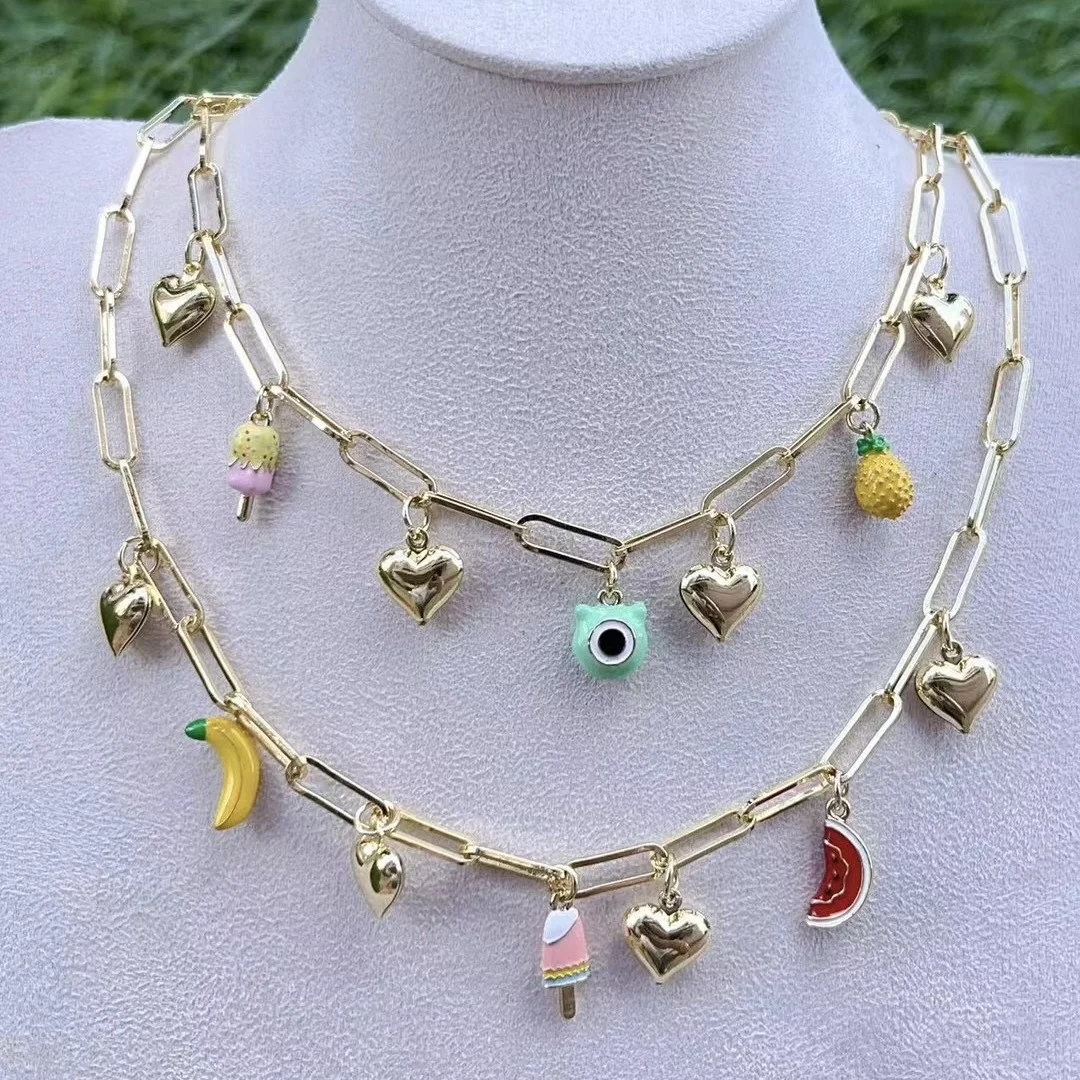 LS-L4026 Gorgeous Paper Clip Chain Necklaces Multi Enamel Charms Necklace Banana Ice Cream Watermelon Fruit Necklace