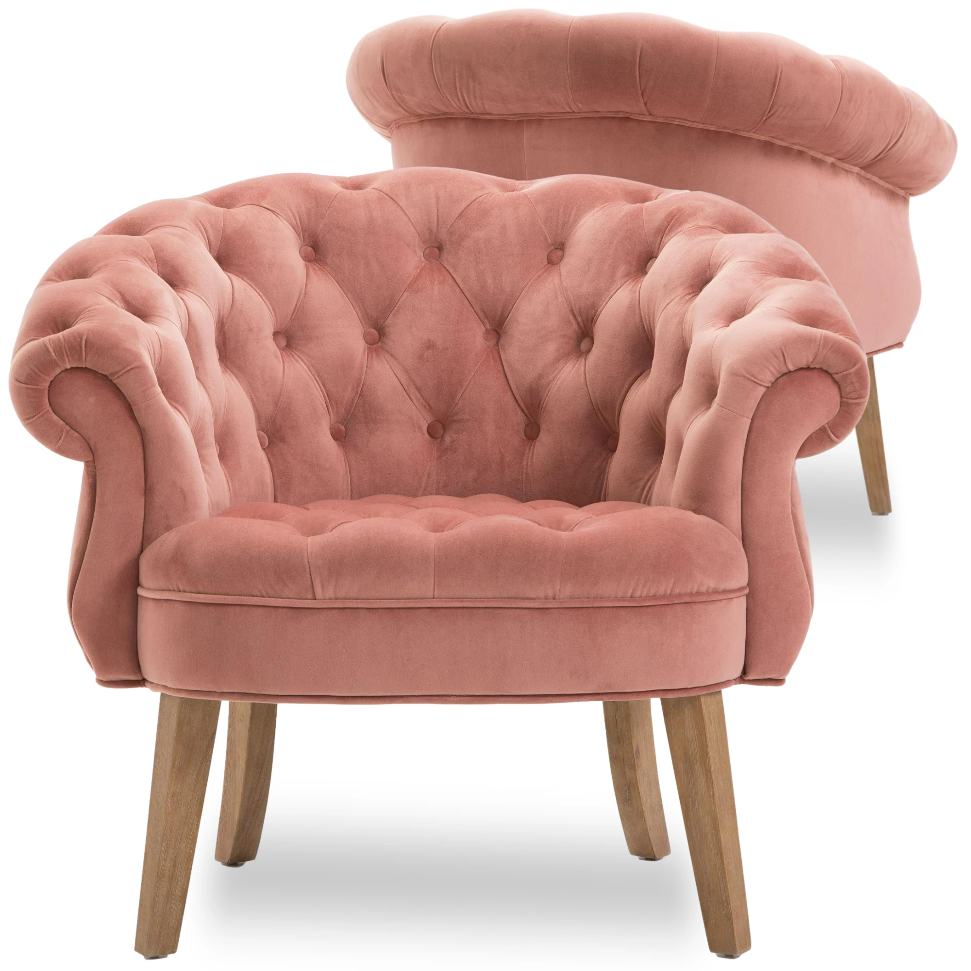 Modern Pink Velvet Upholstered Chesterfield Solid Wood Living Room Accent Chair