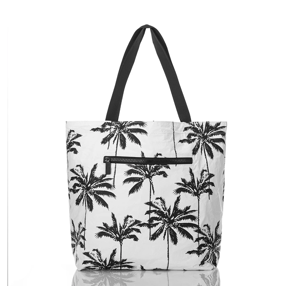 Custom coconut tree black printing large Reversible tote tyvek shopper beach tote, OEM ODM tyvek bag waterproof