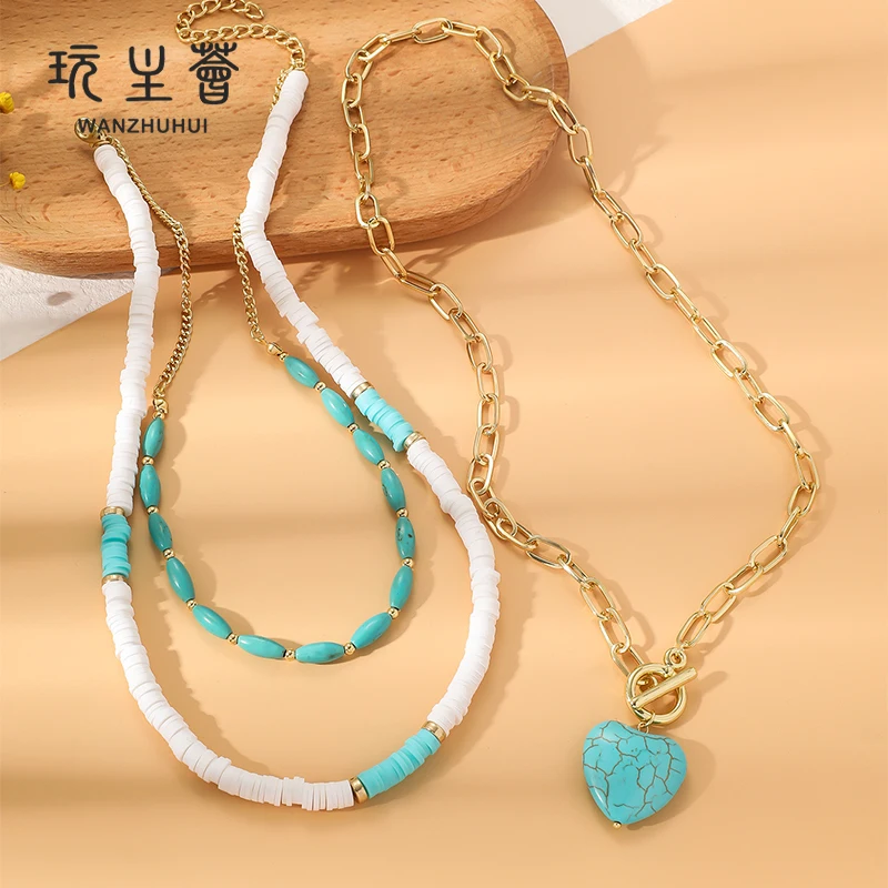 Wholesale Beautiful  Necklaces Shell Charm Bohemian Summer Beach Handmade Dainty Minimalist Tiny Choker Turquoise Color Rice Bea