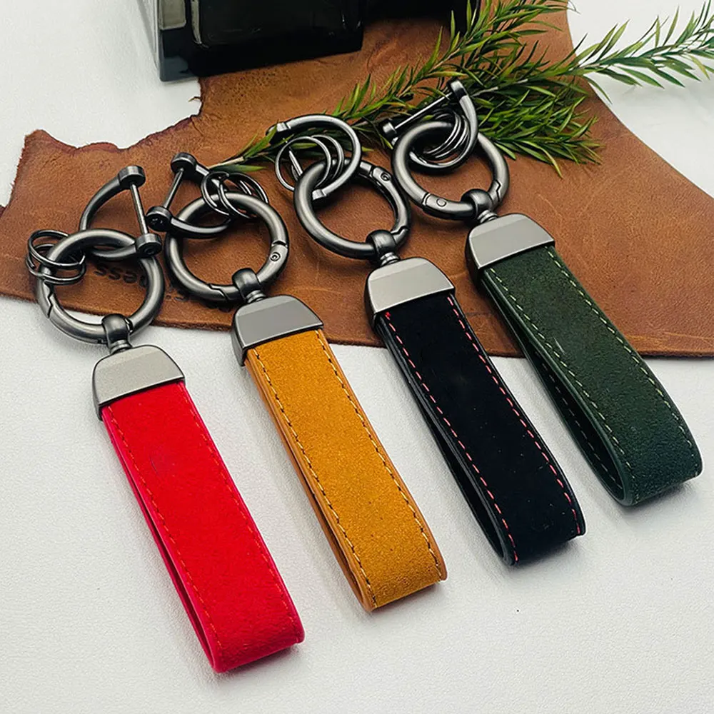 Suede Car Logo Customized Keychain Ring Vintage Leather Zinc Alloy Key Chain Keys Holder Universal Luxury Keyring Auto Gift
