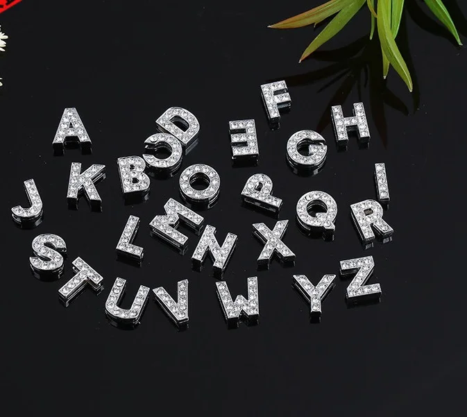 Wholesale metal crystal slide letter charms bracelet jewelry making rhinestones DIY Charm for 8mm 10mm leather strap