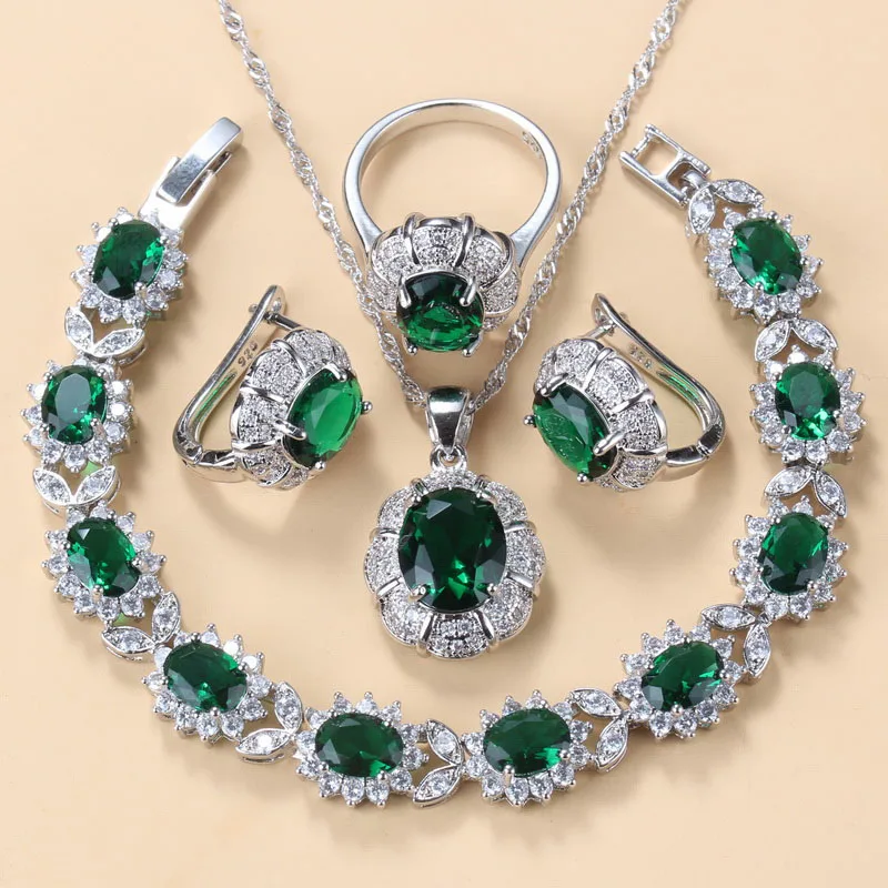 Silver Necklace And Earrings Jewelry Sets For Women Fashion Accessories Green Zircon Charm Bracelet And Ring Sets