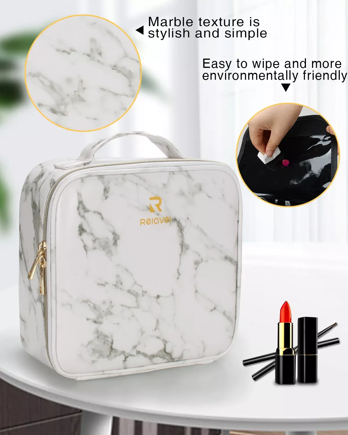 Relavel Professional Marble with Adjustable Dividers Cosmetic Case Brush Organizer Portable Waterproof  Makeup Case Bag