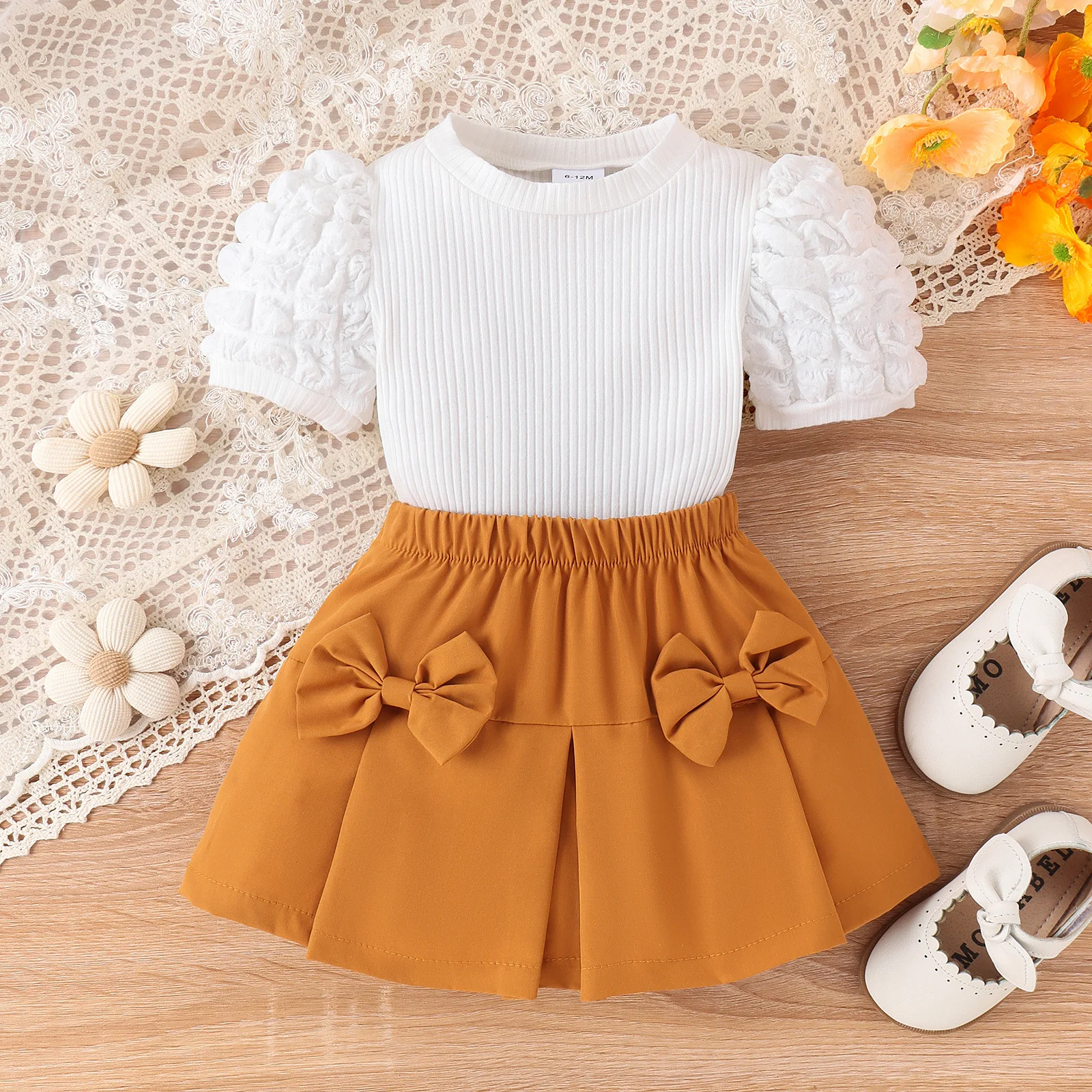 Sunny Baby 2024 Summer New Kids Clothing Bubble Sleeve White Top + Bow Solid Color Skirt Toddler Girls Two-piece Set