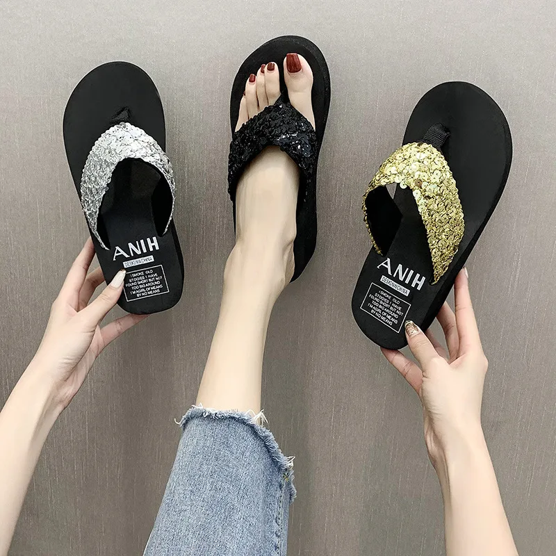 Shiny Sequin High Slope Heel Ladies Flip-flops Outdoor Beach Anti-slip Summer Flip Flops Sandals Slippers Thong Shoes For Women