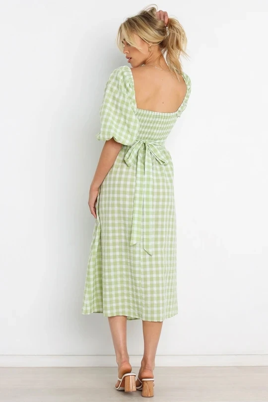 Summer Balloon Mid Sleeves Elastic Cuff Wrap V Neck Self Tie Cut Out Detail Shirred Waist Green Gingham Maxi Dress