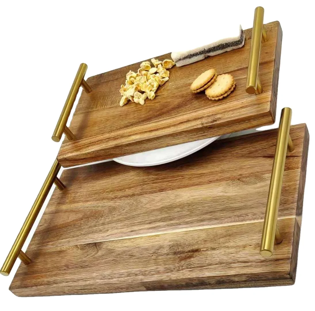 Rustic Vintage Food Serving Trays Nesting acacia Wooden Board with Metal Handles