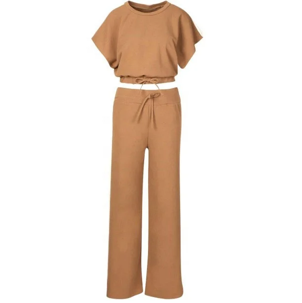 Wholesale Womens Camel Colour Block Short Sleeve T shirt+Pants Athleisure 2 Pieces Set Casual Tracksuit