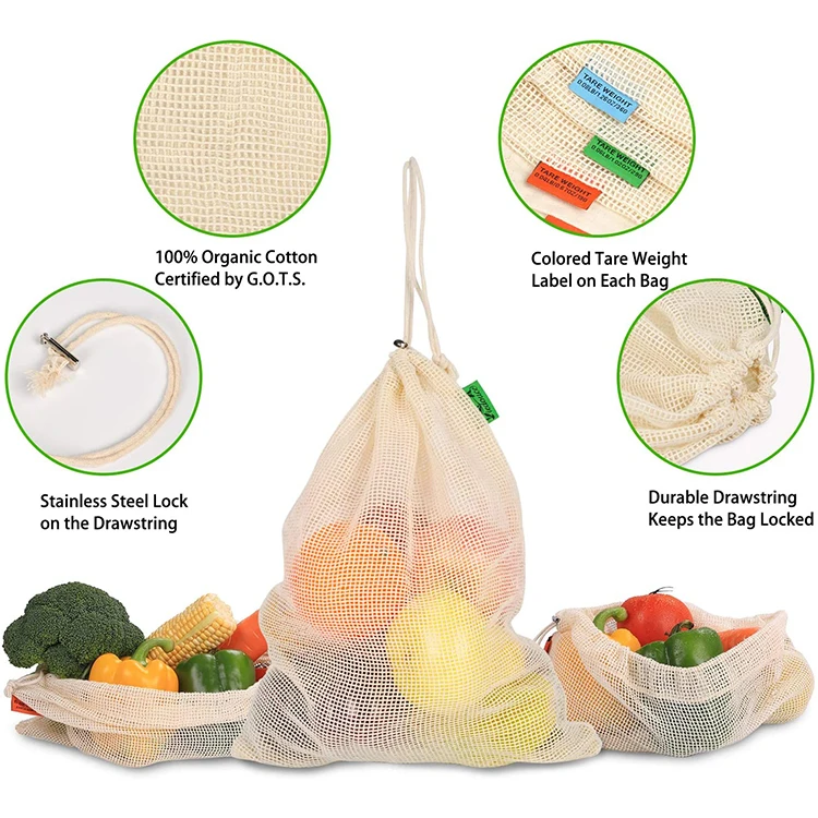 custom biodegradable eco friendly organic cotton reusable mesh produce bags set for fruits and vegetables, bolsas para verduras