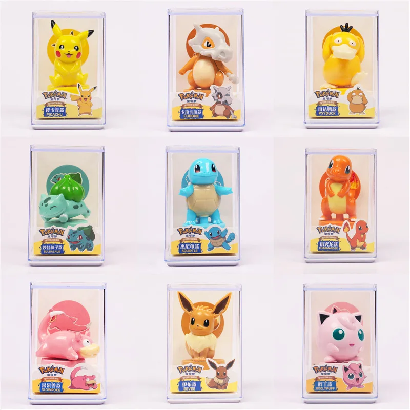 9Pcs/Set Poke moned Action Figures Toys with Acrylic Box Anime Pikachu Eeve Action Dolls Blind Boxes Kids Toy Decoration