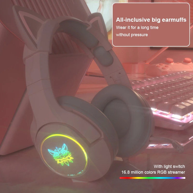  Проводная игровая гарнитура ONIKUMA K9 Pink Hi-Fi 3 5 мм с кошачьими ушками и микрофоном для