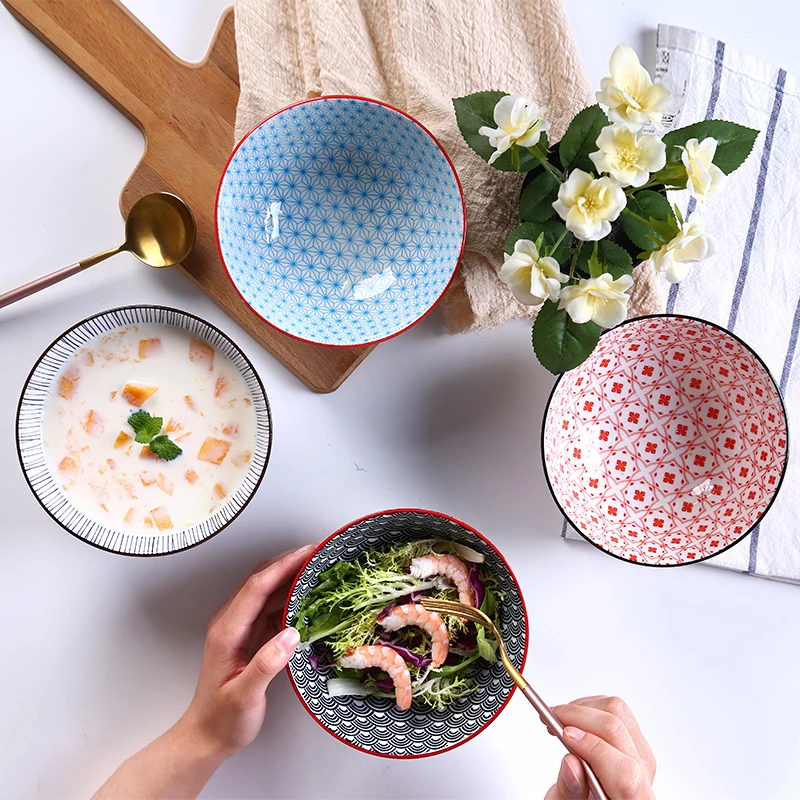 Stoneware Porcelain Hand Painted Color Glaze Microwave Safe Stackable Soup Noodle Rice Ceramic Packaging Cup Bowls