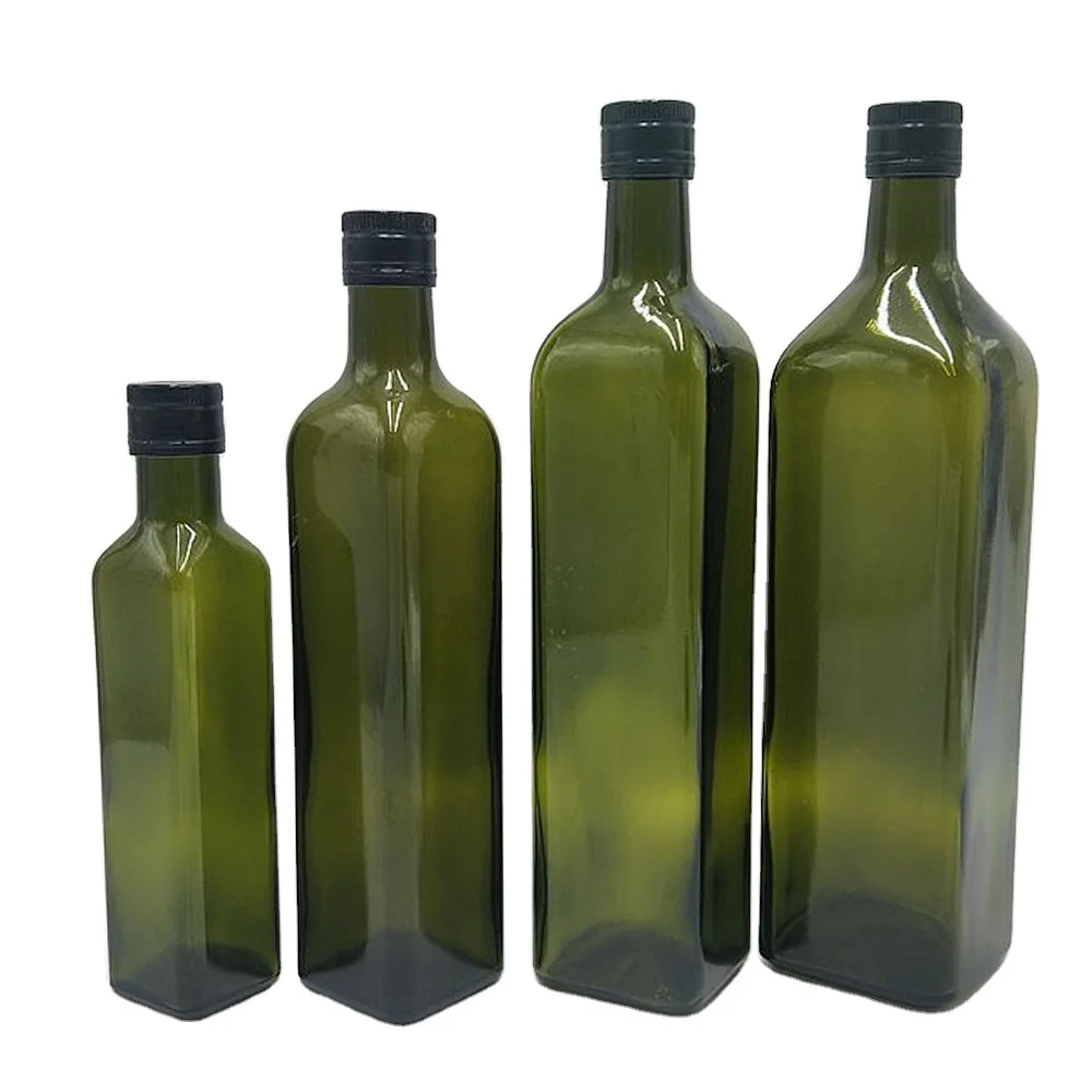Food Grade 250ml 500ml 750ml 1L Empty Square Antique Green Marasca 1 liter Glass Bottle For Olive Oil