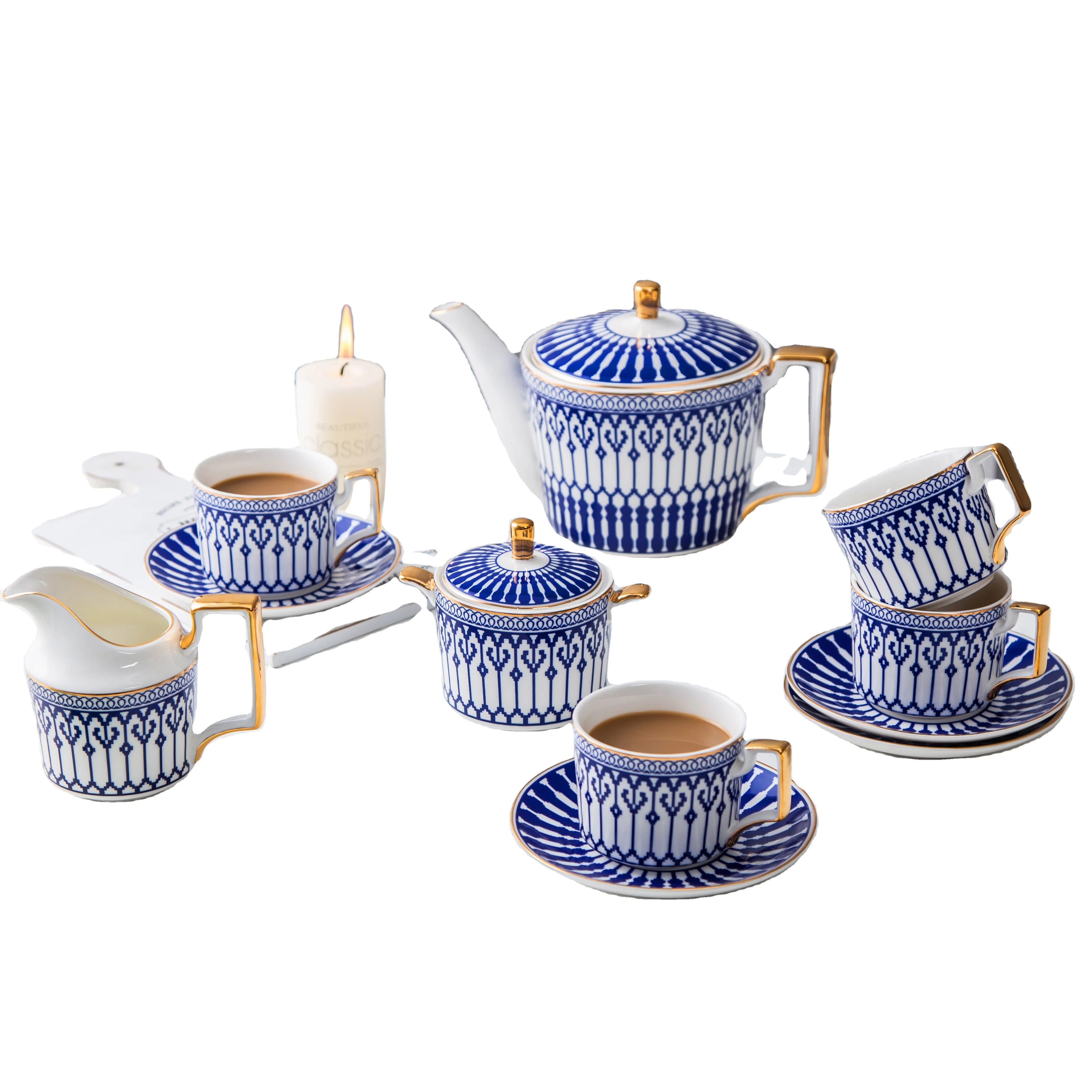 Blue Decal Design Arabic Coffee Cup Set Porcelain Teapot Turkish Tea Cup Set Luxury Bone China Tea Set