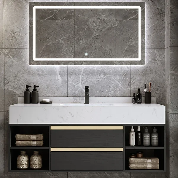 Modern Hot Floating Bathroom Vanity Set with Single Ceramic Sink 2 Drawers and Open Shelves