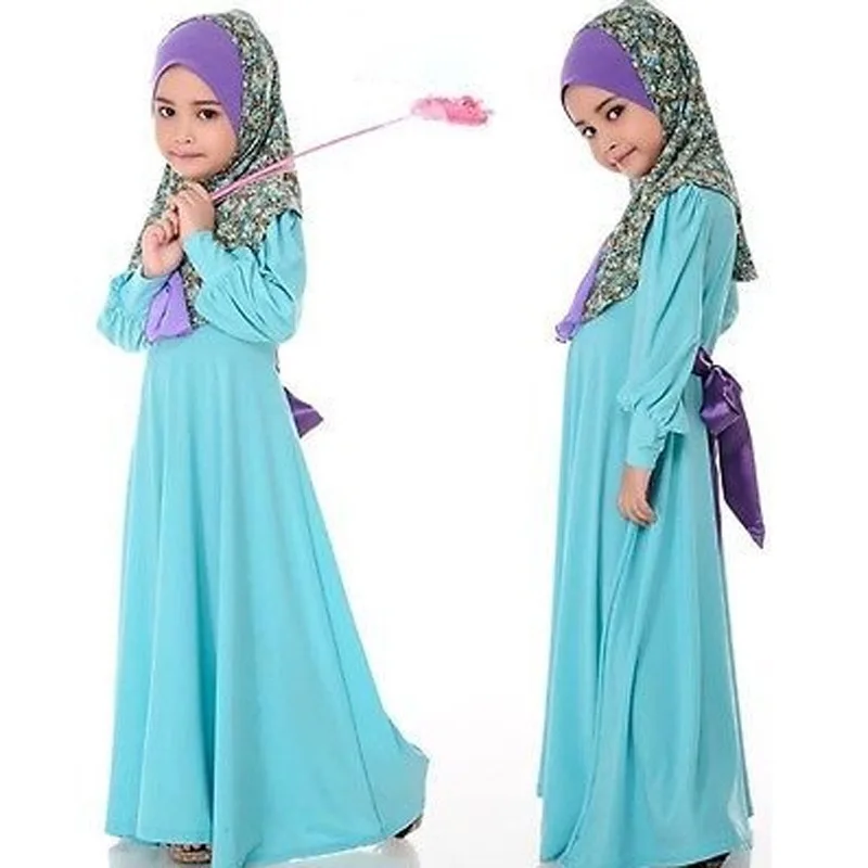 New Muslim Long Sleeve Wedding Party Dress Girls Kids Floral Hijab Skirt Suit Muslim Prayer Clothes Children