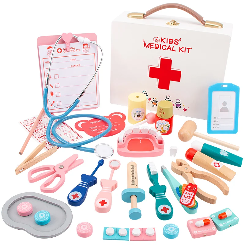 Educational Pretend Play Preschool Roleplay First Aid Wooden Medical Dentist Toys Boxs Kit Suitcase Set Doctor Toys For Kids