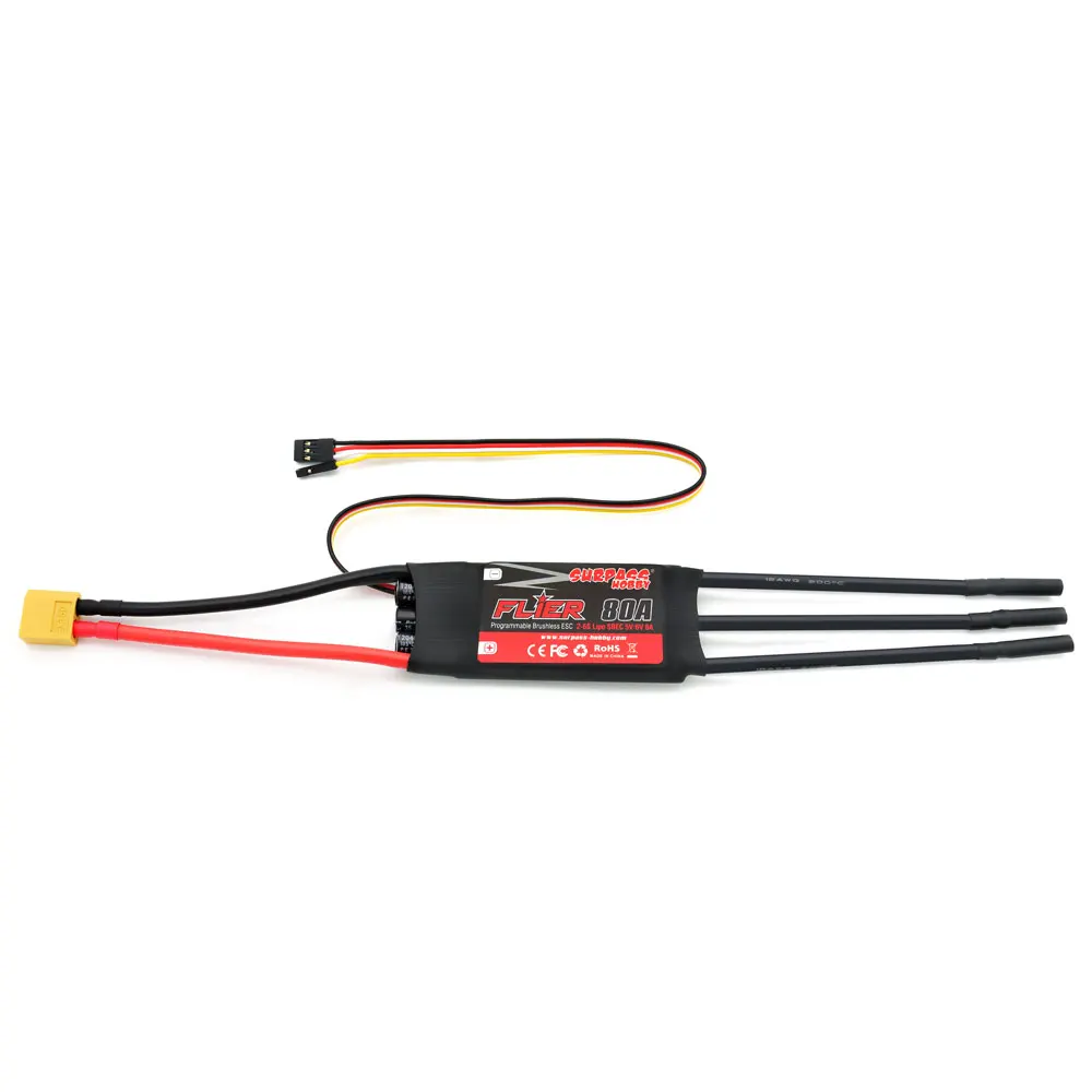 Программируемый бесщеточный 80a flier ESC 2 - 6S микроконтроллер скорости 5 / 6v 8a bec двунаправленный esc для самолета с фиксированным крылом