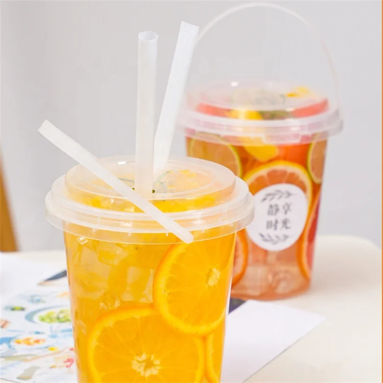 GTG Custom logo printed disposable 32 oz 1000 ml Fruit Bucket Takeaway fruit PP plastic cup buckets with handle and lid
