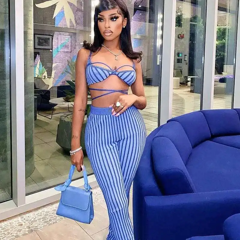 Casual women suits street wear 2022 summer fashion bandage crop bra top with tight stretch striped legging pants 2 Piece set